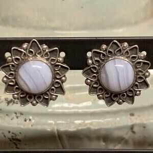 Blue Lace Agate & Sterling Silver Earrings by CII Made in Mexico Vintage